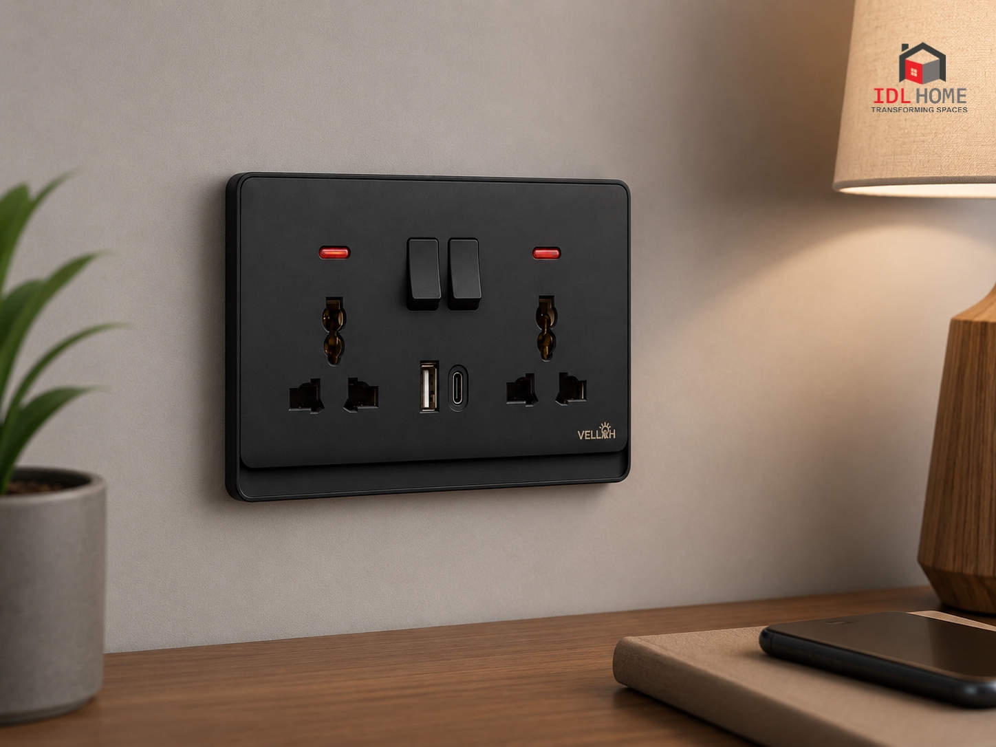 13A Universal double socket with USB & Type C Socket -White, Black & Gold