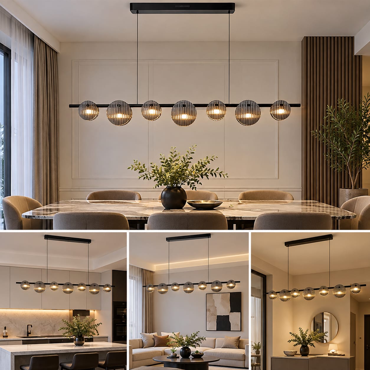 Linear glass globe LED chandelier