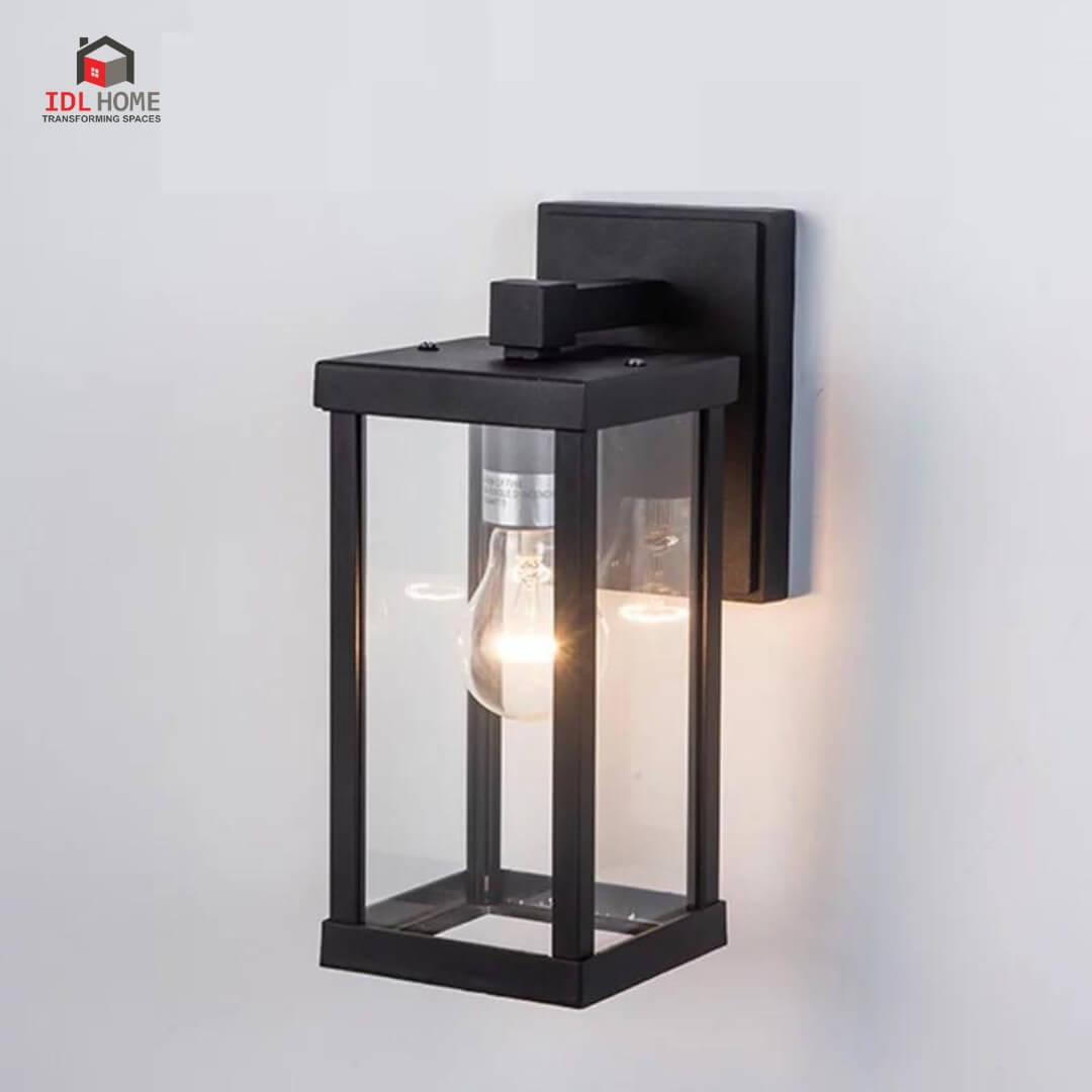Black Modern Waterproof Exterior Wall Lantern Fixture With Clear Glass Shade